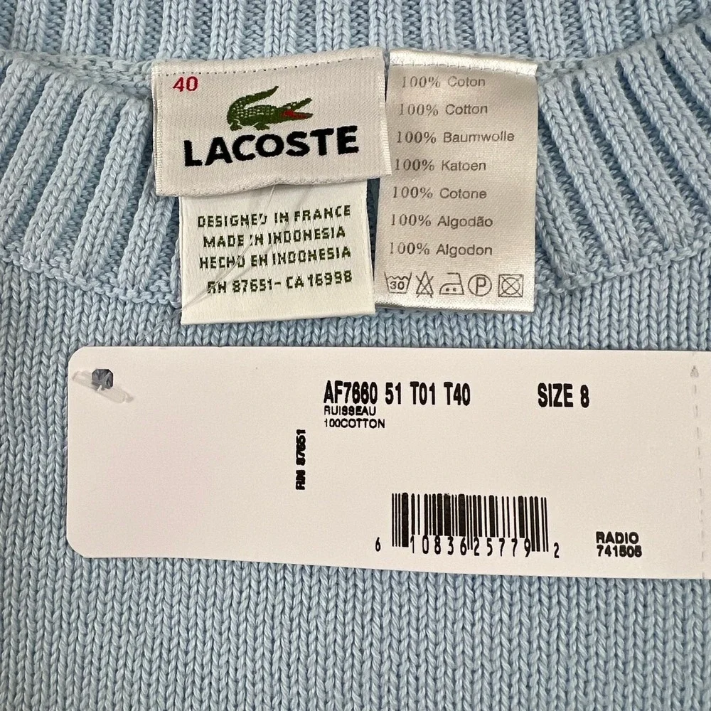 Lacoste Light Blue Cotton Croc Logo Long Sleeve Sweater Women US Size‎ M (EU/8)